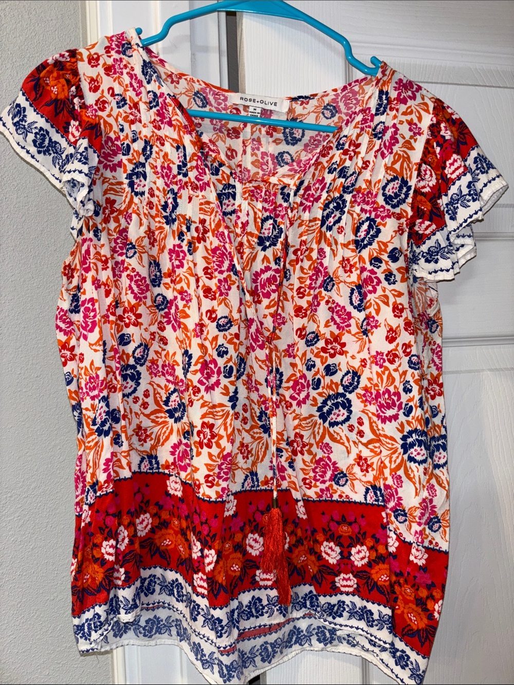 Rose & Olive Floral Boho Peasant Top in Pink, Orange & Navy